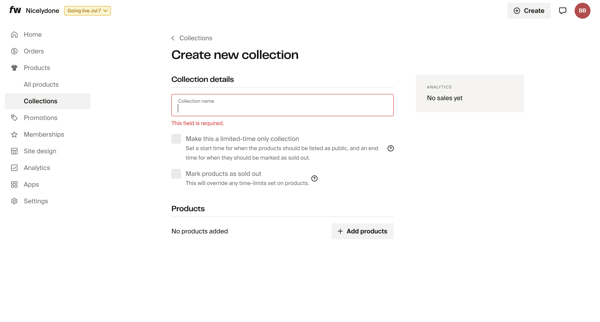 Create new collection – Dashboard screen