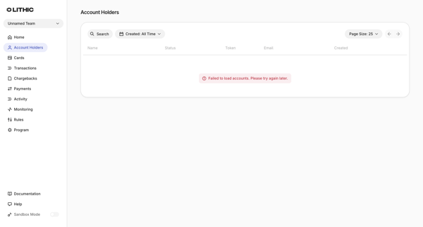 Lithic - Account Holders screen