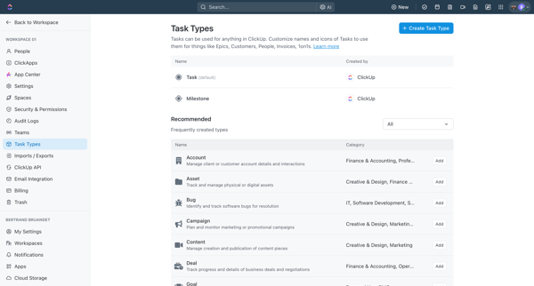 Task Types | Workspace 01 screen