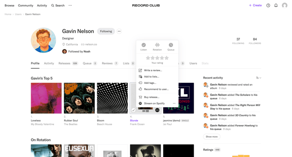 Gavin Nelson's profile – Record Club screen