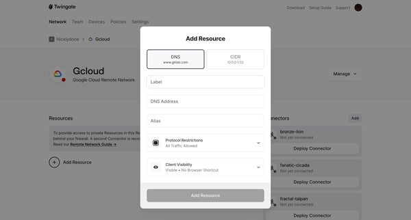 Gcloud | Twingate Admin screen