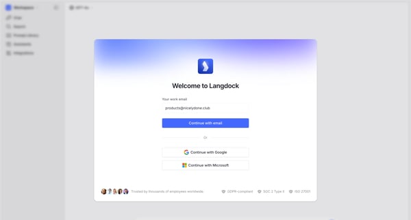 Create an account | Langdock screen