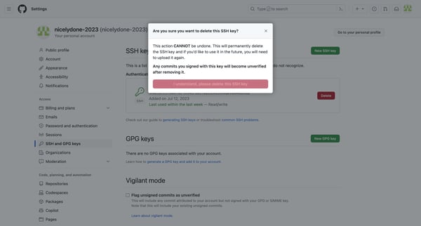 SSH and GPG keys screen