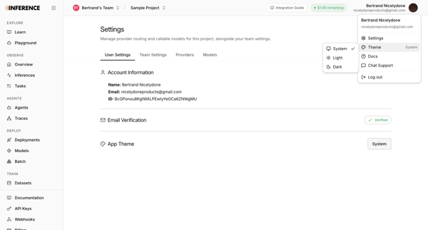 Settings | inference.net screen
