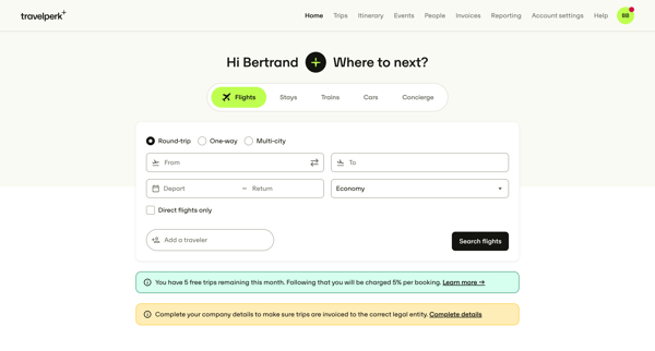 Book your next business trip — TravelPerk screen