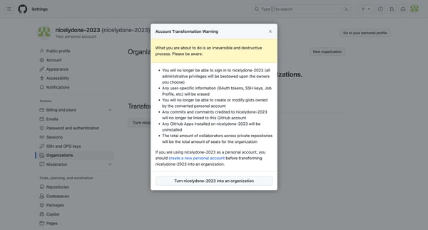 Organizations screen