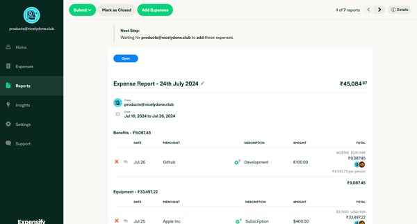 Expense Report - 24th July 2024 - Report screen