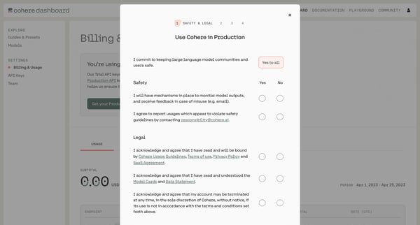 Billing | Usage Cohere screen