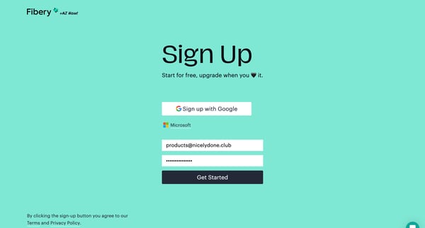 Start for free, upgrade when you love it — Fibery screen