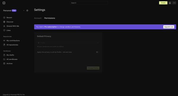 Personal Settings - CodeSandbox screen