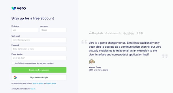Sign up for your your email marketing account | Vero screen