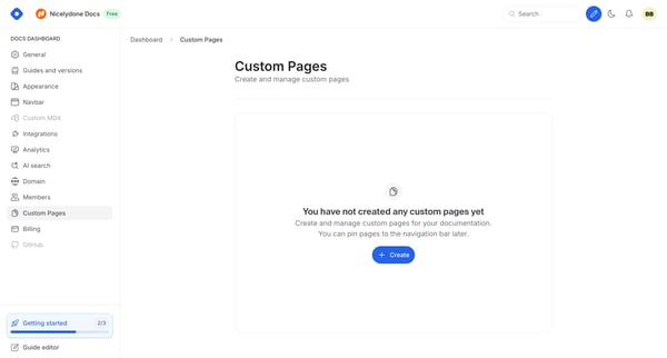Docs Dashboard - Custom Pages screen