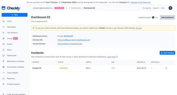 Dashboard | overview from Checkly
