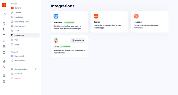 Integrations · Jimo screen