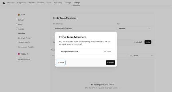 Members - Team Settings – Dashboard – Vercel screen