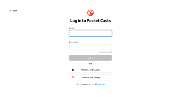 Log in - Pocket Casts screen