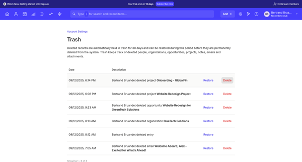 Trash | Nicelydone club CRM screen
