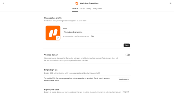 Nicelydone Org settings screen