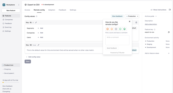 Feature › Export to CSV › Remote config screen