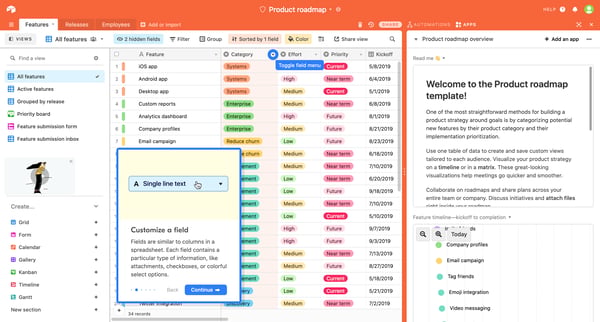 Product roadmap Features - Airtable screen