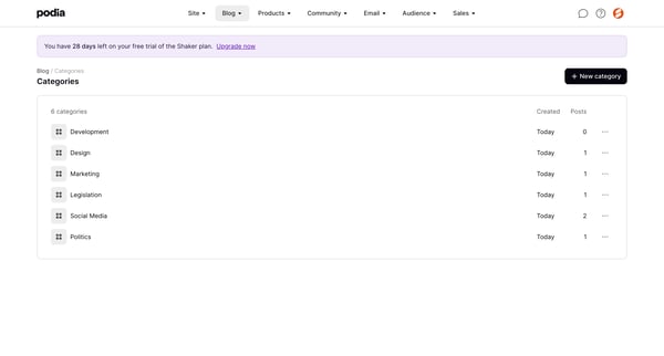Podia Categories screen