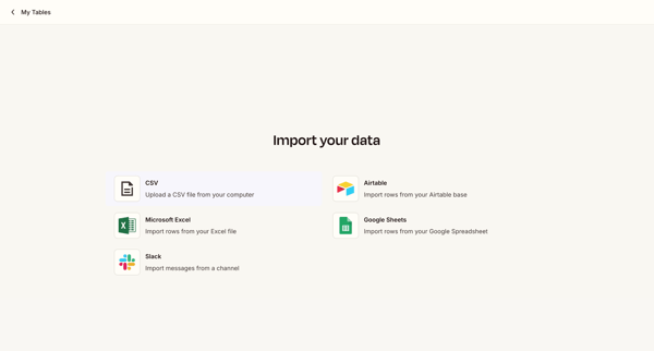 Import Data - Zapier Tables screen