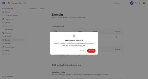 Docs Dashboard - Domain from Hashnode