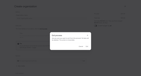 Create organization - Appwrite screen