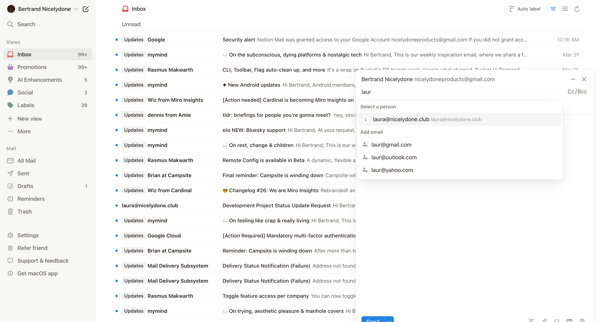 99+ • Inbox • nicelydoneproducts@gmail.com • Notion Mail screen