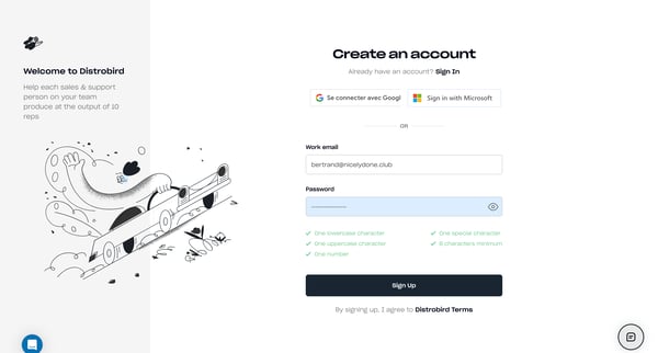 Distrobird.com Create a free Distrobird account screen