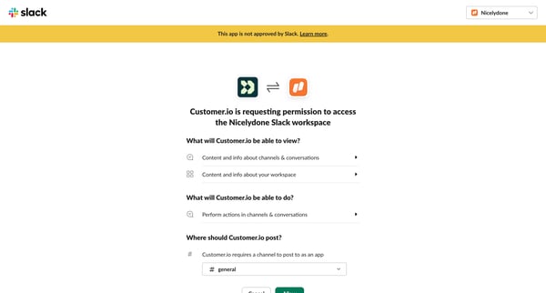Customer.io is requesting permission to access the Nicelydone Sla screen