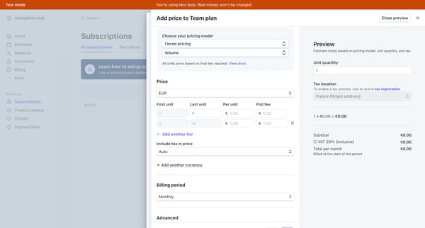 Subscriptions – nicelydone.club – Stripe [Test] screen