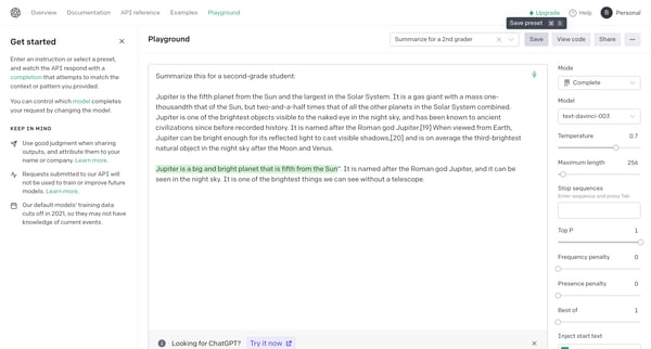Playground - OpenAI API screen