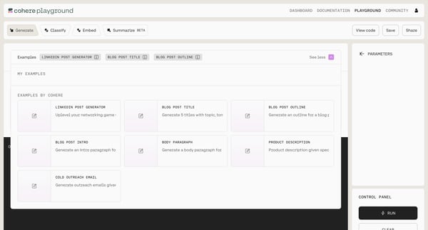 Generate | Cohere screen