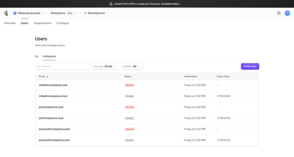 Dashboard | Clerk.com screen