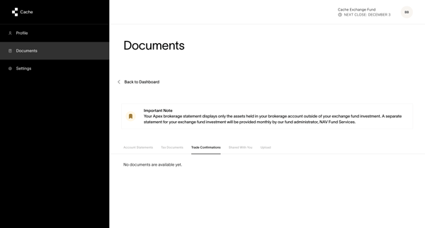 Cache – Documents screen