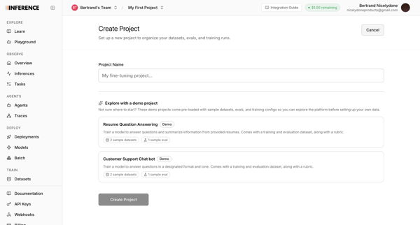 Dashboard | inference.net screen