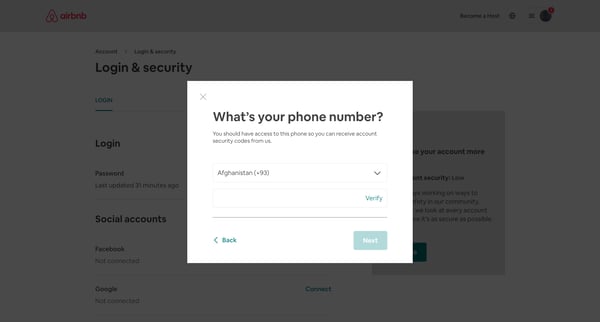 Login | Security - Account Settings - Airbnb screen