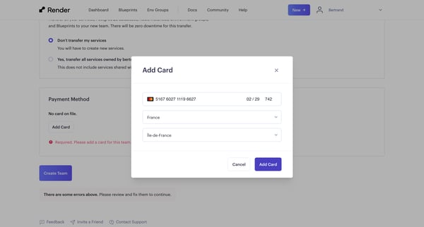 Create a New Team ・ Render Dashboard screen