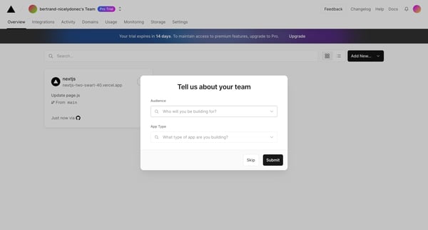 Dashboard – Vercel screen