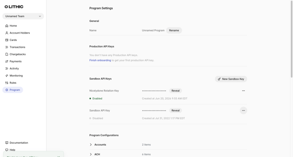 Lithic - Program Settings screen
