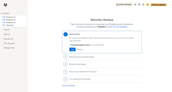 Dropbox - Security Checkup screen