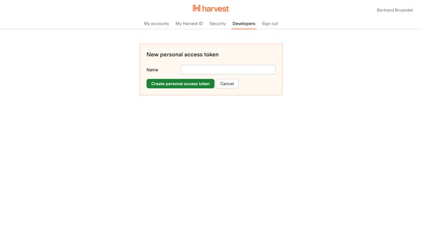 New personal access token from Harvest