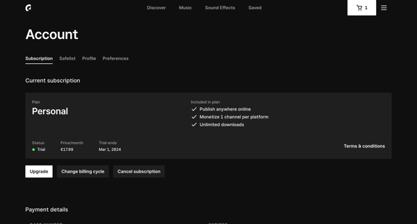 Manage account | Epidemic Sound screen