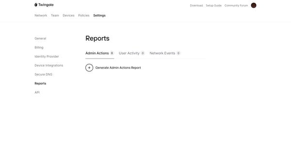Reports | Twingate Admin screen