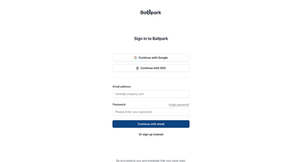 Sign in | Ballpark screen