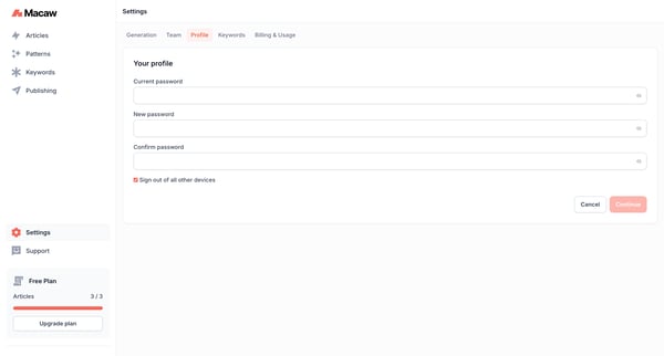 Profile Settings | Macaw screen