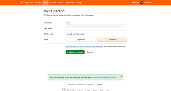 Team Members Manage – nicelydone – Harvest screen