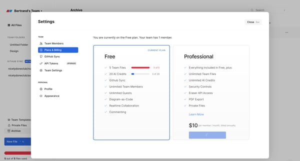 Bertrands Team Workspaces — Eraser screen