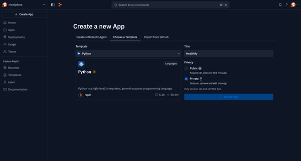 Create a new App - Replit screen
